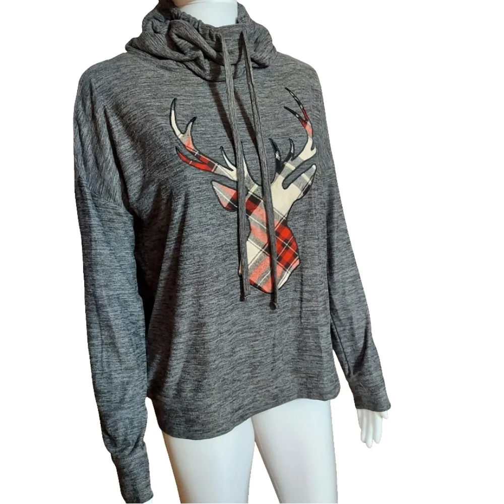 Maurices Gray Plaid Reindeer Cowl Neck Cozy Pullover Sweatshirt - Picture 3 of 13